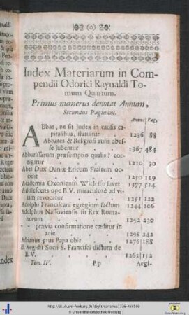 Index Materiarum in Compendii Odorici Raynaldi Tom. IV.