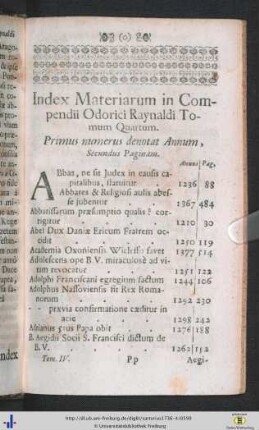 Index Materiarum in Compendii Odorici Raynaldi Tom. IV.