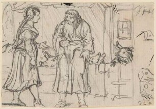 Alter Mann und Mädchen vor einem Schweinestall, Skizze
