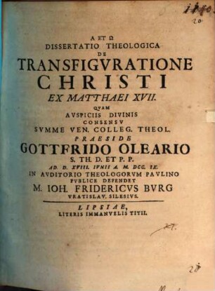 Diss. theol. de transfiguratione Christi ex Matthaei XVII