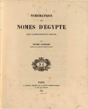 Numismatique des Nomes d'Egypte : sous l'administration romaine