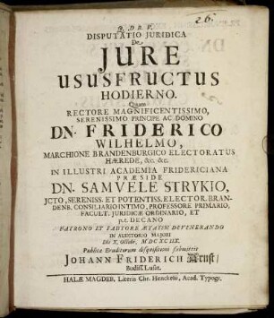 Disputatio Iuridica De Iure Ususfructus Hodierno