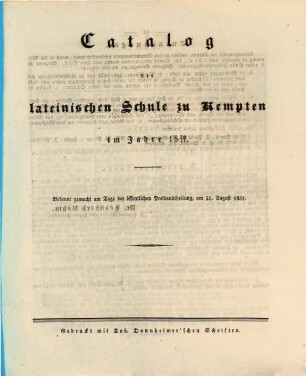 Catalog der Lateinischen Schule zu Kempten. 1830/31