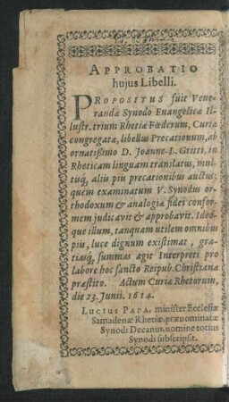 Approbatio huius Libelli.