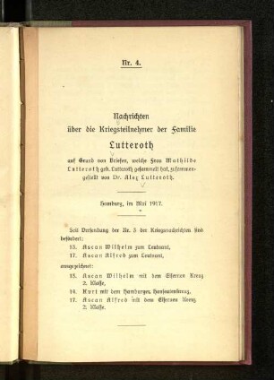 Nr. 4.1917: Nachrichten über die Kriegsteilnehmer der Familie Lutteroth : auf Grund von Briefen, welche Frau Mathilde Lutteroth, geb. Lutteroth gesammelt hat