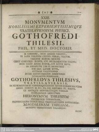 XXIII. Monumentum Nobilissimi Experientissimique Vratislaviensium Physici, Gothofredi Thilesii, Phil. et Med. Doctoris