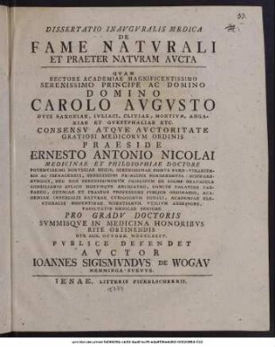 Dissertatio Inavgvralis Medica De Fame Natvrali Et Praeter Natvram Avcta