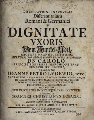 Dissertatione inaug. differentias iuris Romani et Germanici in dignitate uxoris, vom Kunkel-Adel