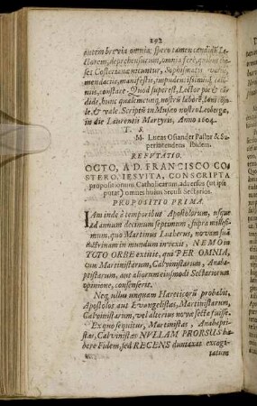 Refutatio, Octo, Ad Francisco Costero, Iesuita, Conscripta propositionum Catholicarum, adversus (ut ipsa putat) omnes huius Seculi Sectarios.