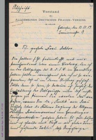 Abschrift eines Briefes von Helene Lange an Unbekannt