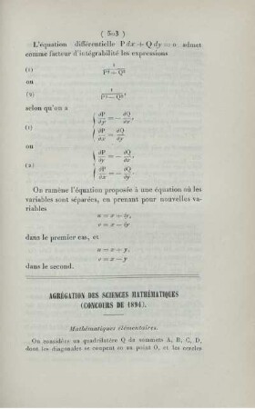 Agrégation des sciences mathématiques (concours de 1894).