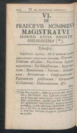 VI. De Praecipuis Nominibus Magistratui Honoris Causa Impositis Philologema