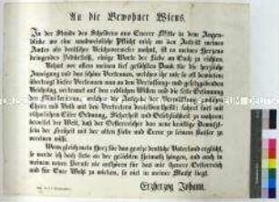 Aufruf von Erzherzog Johann an die Bürger Wiens anlässlich seines Amtes als Reichsverweser