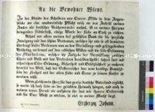Aufruf von Erzherzog Johann an die Bürger Wiens anlässlich seines Amtes als Reichsverweser