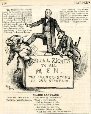 Blaine language. [Anschließend folgt ein Textblock] : Senator Blaine stößt einen Chinesen vom Grundstein der amerikanischen Republik, der Gleichberechtigung aller Menschen, herunter. Ein Ire darf darauf sitzenbleiben. [In der Zeichnung befindet sich mehrere Textblöcke]