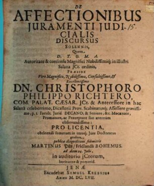 De Affectionibus Juramenti Judicialis Discursus Solennis