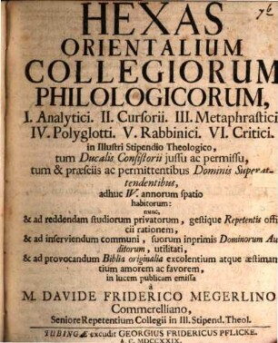Prodromus speciminum philologico-critico-theologicorum : in quo I. Catalogus Realis edendorum ..., II. Hexas Collegiorum Orientalium ..., III. Fasciculus Observationum ... exhibentur
