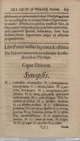 Libri Primi Sectio Septima & ultima De Subterraneorum accidentiis & affectionibus Physicis.
