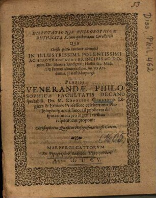 Dispvtationis Philosophicae Zētēmata X. cum quibusdam Corollariis