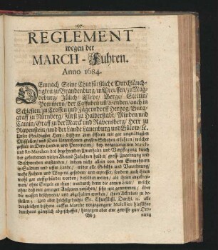 Reglement wegen der March-Fuhren. Anno 1684.