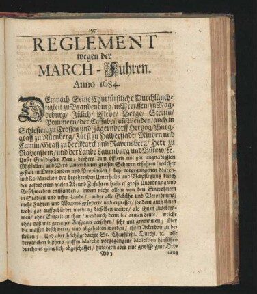 Reglement wegen der March-Fuhren. Anno 1684.