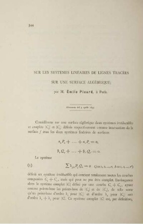Sur les systèmes linéaires de lignes tracées sur une surface algébrique.