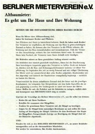 Flugschrift: Altbaumieter: Es geht um Ihr Haus und Ihre Wohnung, 1980