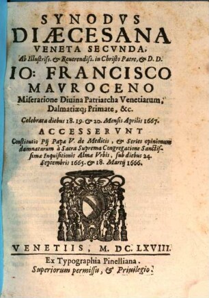 Synodus dioecesana Veneta secunda, celebrata 18 - 20. Apr. 1667