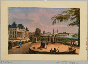 Der Garten des Japanischen Palais in Dresden, Blick nach Osten auf das Japanische Palais und die Altstadt von Dresden