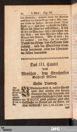Das III. Capitel vom Menschen, dem fürnehmsten Geschöpffe GOttes.