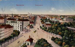 Postkartenalbum mit Motiven von Karlsruhe. "Karlsruhe. Totalansicht". Durlacher Tor