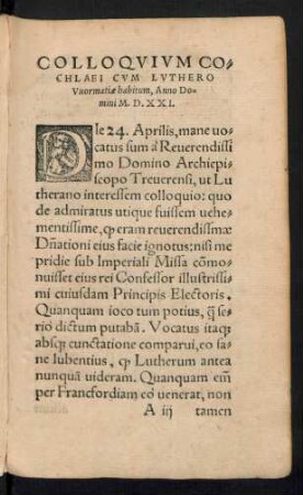 Colloquium Cochlaei Cum Luthero Wormatiae habitum, Anno Domini M.D.XXI.