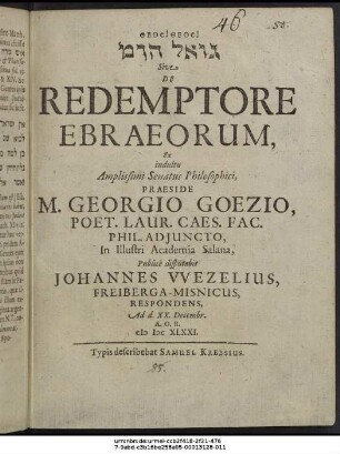 [...] Sive De Redemptore Ebraeorum