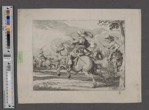 [Schlachtfeld mit drei galoppierenden Reitern rechts]