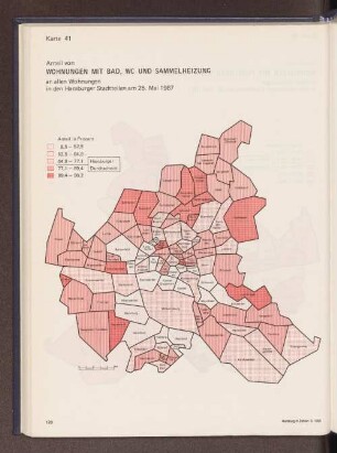 Anteil von Wohnungen mit Bad, WC und Sammelheizung an allen Wohnungen in den Hamburger Stadtteilen am 25. Mai 1987