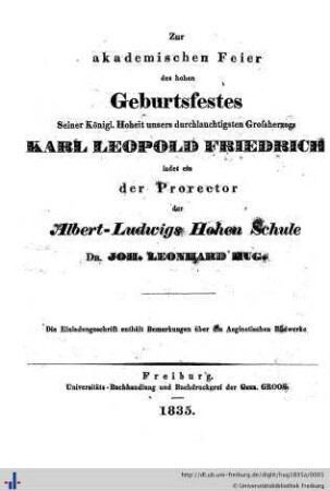 Zur akademischen Feier des hohen Geburtsfestes seiner Königl. Hoheit unsers durchlauchtigsten Großherzogs Karl Leopold Friedrich : die Einladungsschrift enthält Bemerkungen über die aeginetischen Bildwerke