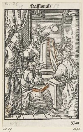 Christus lehrt im Tempel, aus: "Passio unsers Herren Jhesu Christi", Nürnberg 1553, S. C6 verso