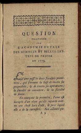 Question Proposée Par L'Académie Royale Des Sciences Et Belles-Lettres De Prusse En 1773.