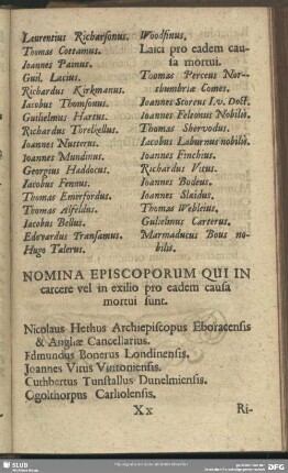 Nomina Episcoporum Qui In carcere vel in exilio pro eadem causa mortui sunt
