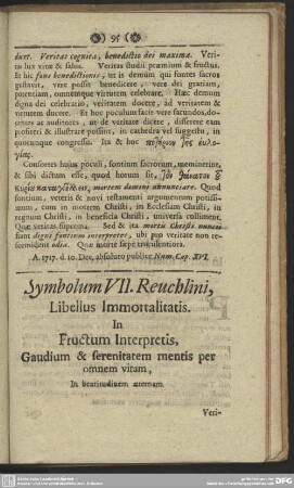 Symbolum VII. Reuchlini, Libellus Immottalitatis. In Fructum Interpretis, Gaudium & serenitatem mentis per omnen vitam, in beatitudinem aeternam