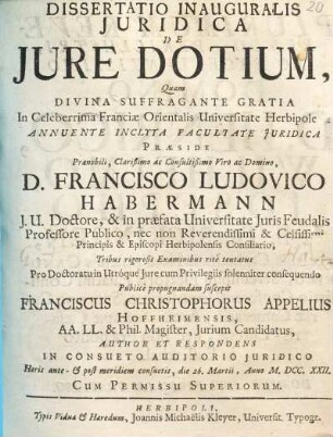 Dissertatio Inauguralis Juridica De Jure Dotium
