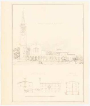 Kirche mit Pfarrhaus und Schulhaus: Vorderansicht, Seitenansicht, Schnitt, Maßstabsleiste in Fuß