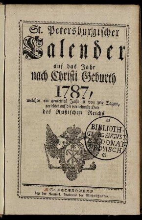1787: St. Petersburgischer Calender auf das Jahr nach Christi Geburth 1787