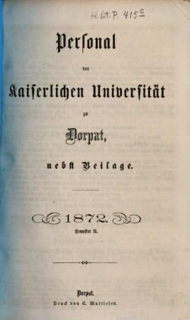 Personal der Kaiserlichen Universität zu Dorpat. 1872, Sem. 2
