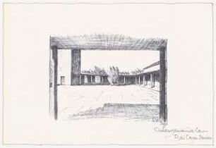 Heilig-Geist-Kirche, Bad Oeynhausen Gemeindehaus: Perspektivische Ansicht Kirchhof (Lichtpause von Inv.Nr. 37998)