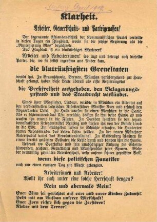"Klarheit. Arbeiter, Gewerkschafts- und Parteigenossen!" antispartakistische Flugblatt (das sich auf Nr. 308 bezieht)