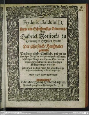 Kurtze und schrifftmessige Erinnerung von Gabriel Rotstocks zu Grünberg in Schlesien Buch, Der christliche Hausvater genandt