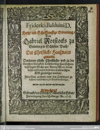 Kurtze und schrifftmessige Erinnerung von Gabriel Rotstocks zu Grünberg in Schlesien Buch, Der christliche Hausvater genandt