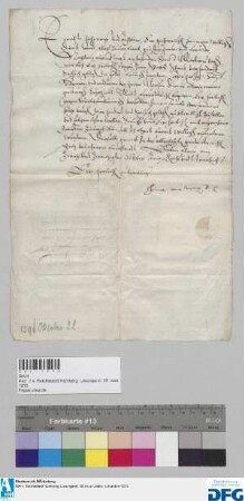 [Dr. iur utr.] Heinrich [Rudolff] von Weze ersucht die Stadt Nürnberg die ihm verschriebenen 400 fl. in Gold Stadtsteuer ihm durch Hanß Herman und anderen der Herren Welser Diener zukommen zu lassen.
