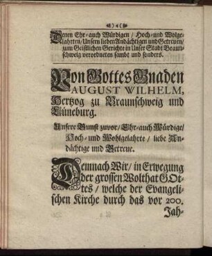 Von Gottes Gnaden August Wilhelm, Herzog zu Braunschweig und Lüneburg.